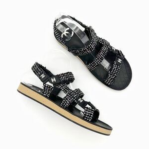 CHANEL Black Tweed Sequin Crystal Interlocking CC Dad Sandal Size 39.5 Slingback
